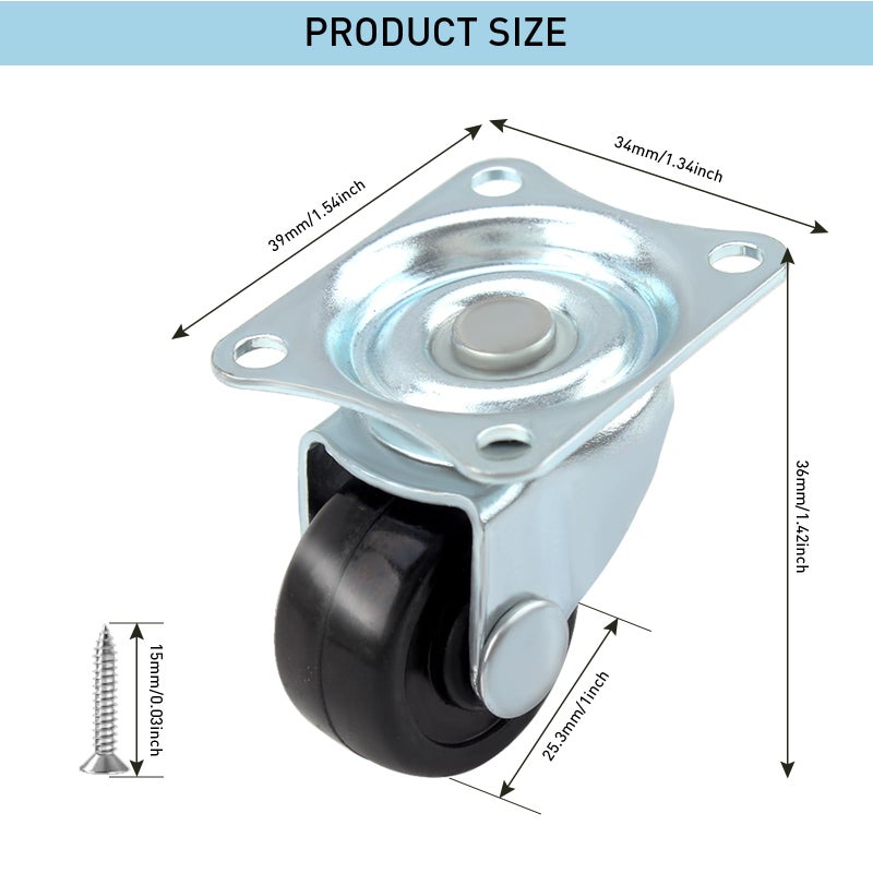 HOWDIA 8 Pcs 1" Low Profile Caster Wheels, Heavy Duty Rubber Wheel with Bearing & Top Plate, Per Wheel 22lb Capacity, 360 Degree Swivel 1 Inch Casters for Furniture/Appliances, Screws Included - Image 2